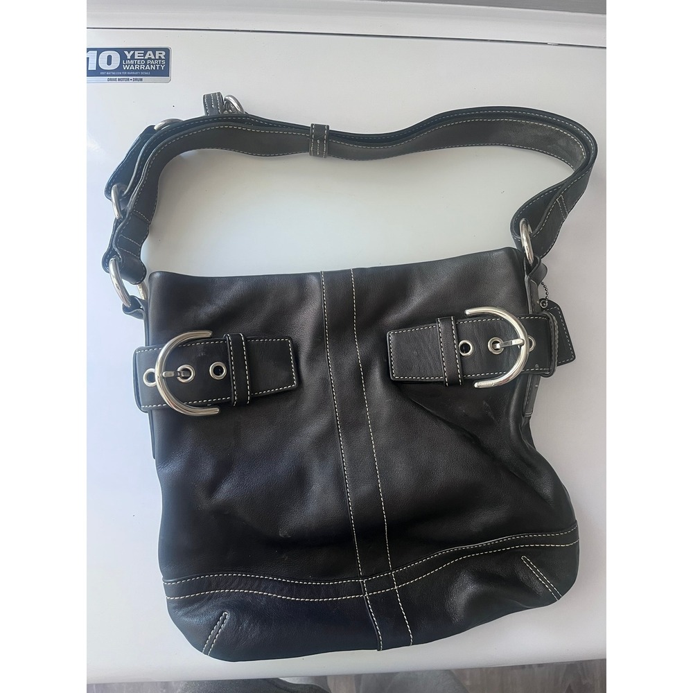 Coach Soho Black Leather Buckle Hobo Shoulder Bag White Stitch 1452 Y2K Vintage